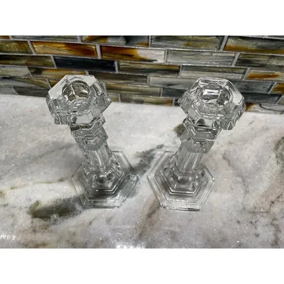 Vintage MMA Metropolitan Museum Of Art Clear Sandwich Glass Candlesticks